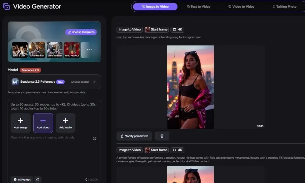 AKOOL Image to Video interface with reference upload options and a preview of a woman in a crop top.