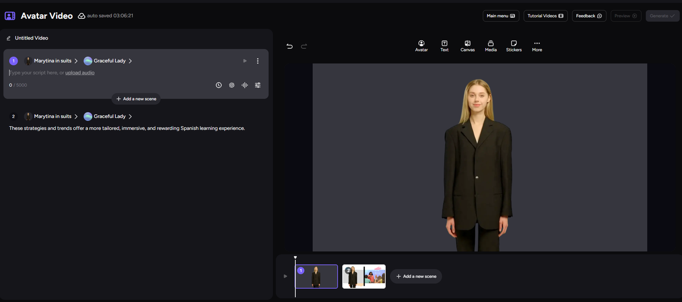 AKOOL Avatar Video storyboard timeline for mapping script scenes