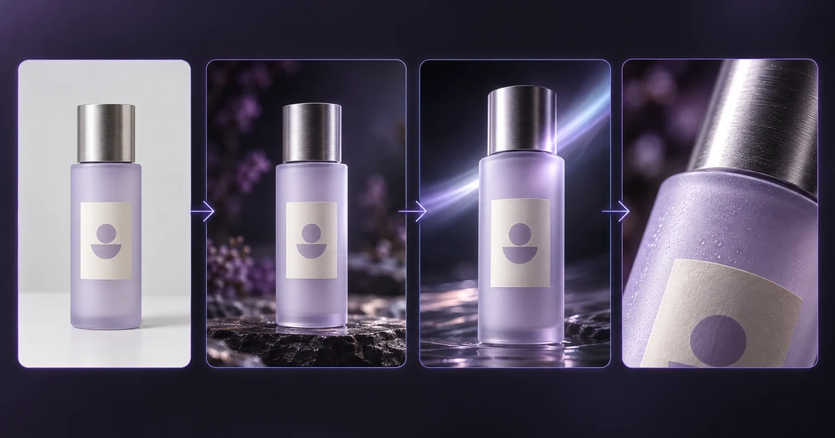 Illustrative product campaign showing a bottle across creative scenes