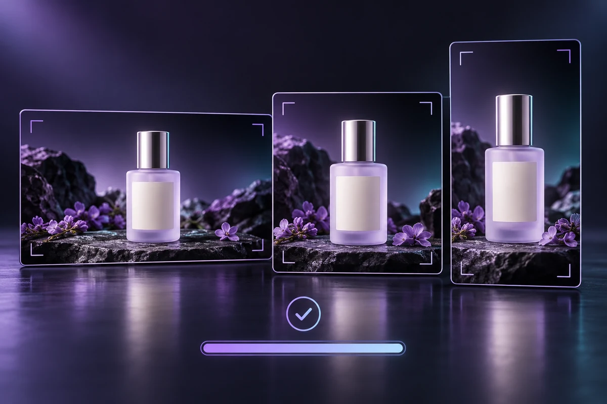 Editorial product-video example shown in landscape, square and vertical formats for a content-team workflow