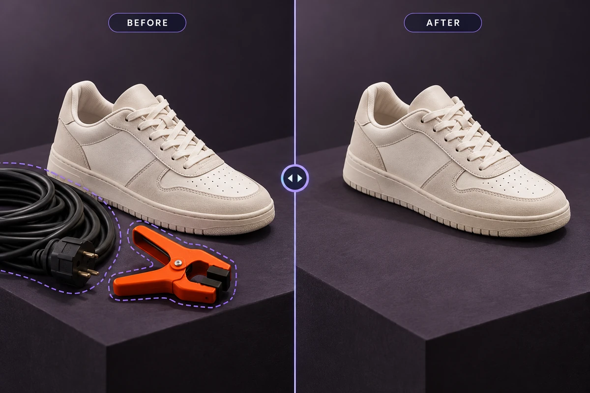 Editorial example of a sneaker scene before and after removing distracting cables and a clamp