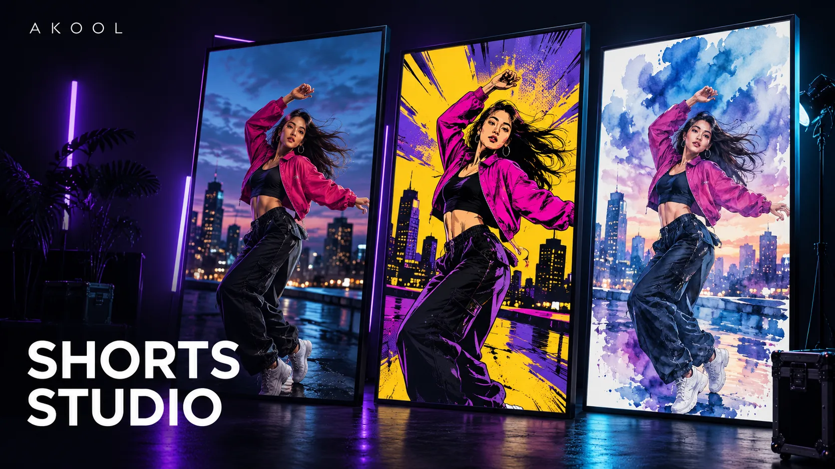 Editorial concept artwork showing a dancer in cinematic, comic, and watercolor film frames for AKOOL Shorts Studio.