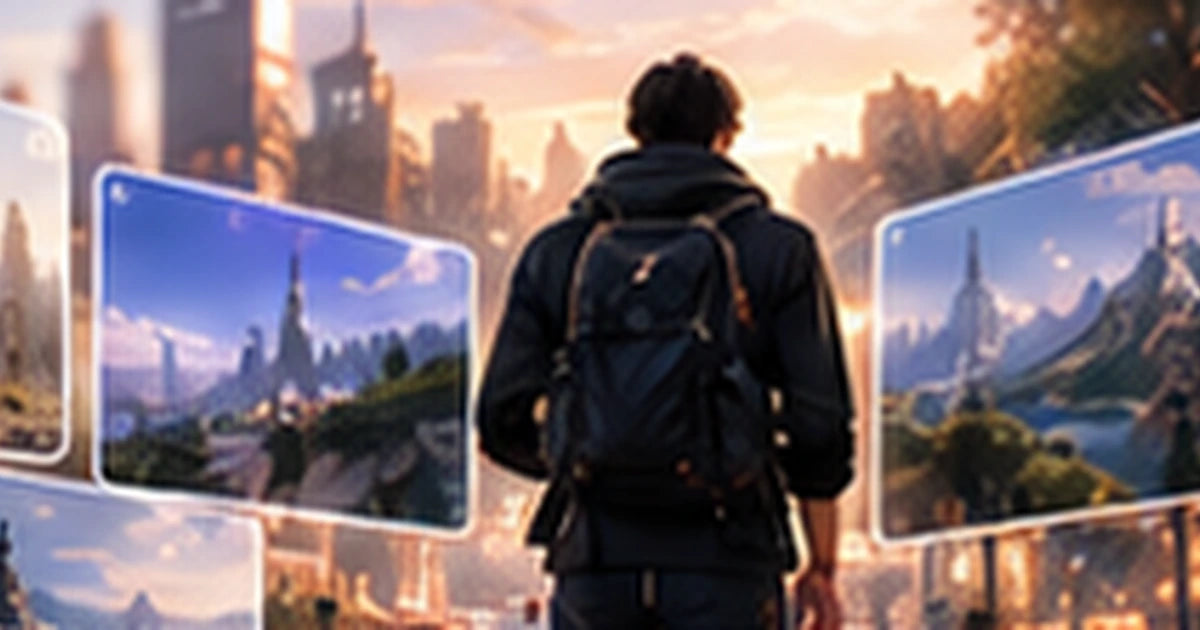 Editorial concept of a traveler framed by connected cinematic scenes