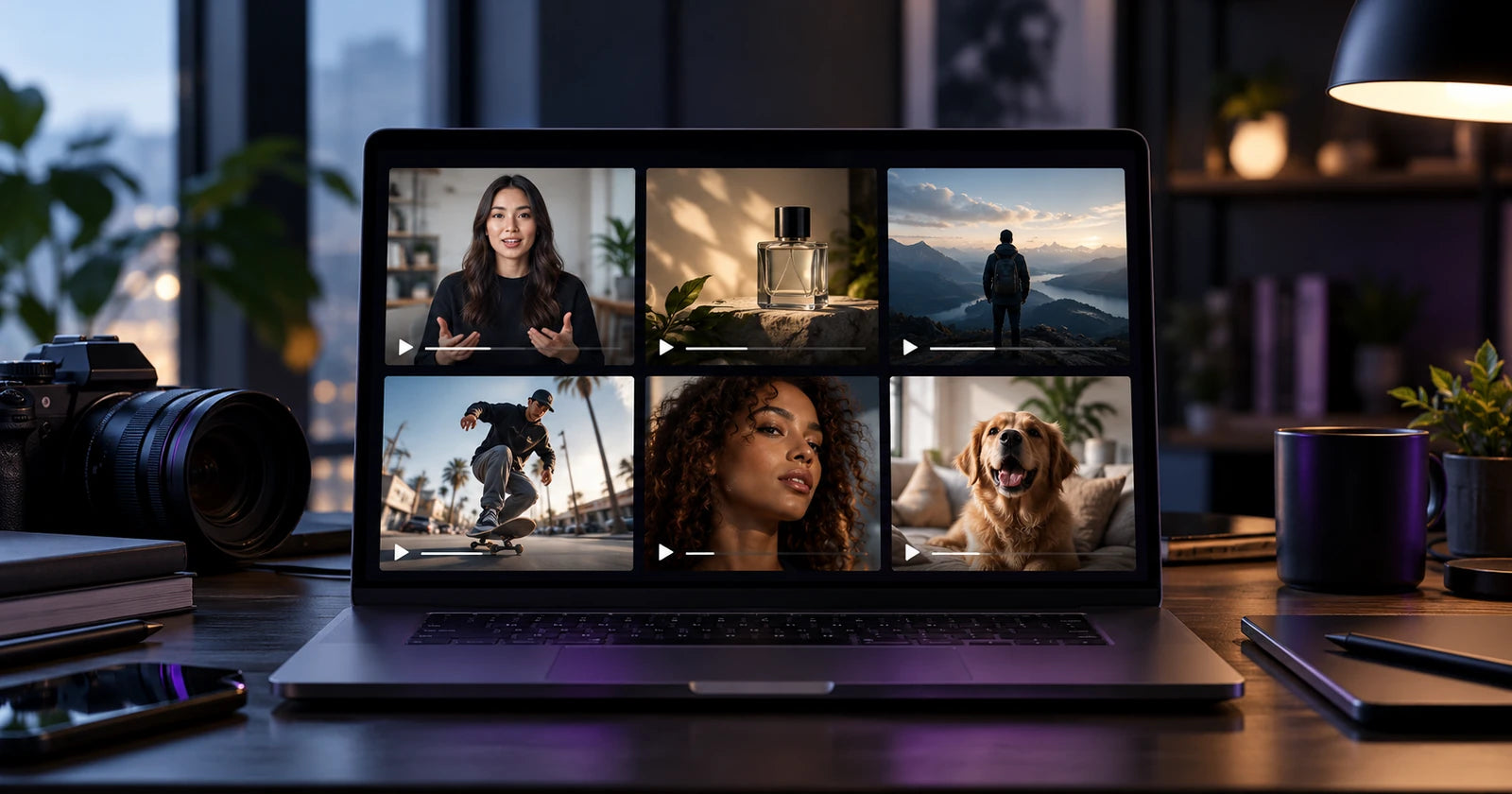 AI-generated editorial scene of a physical laptop displaying a varied video library in a creative studio