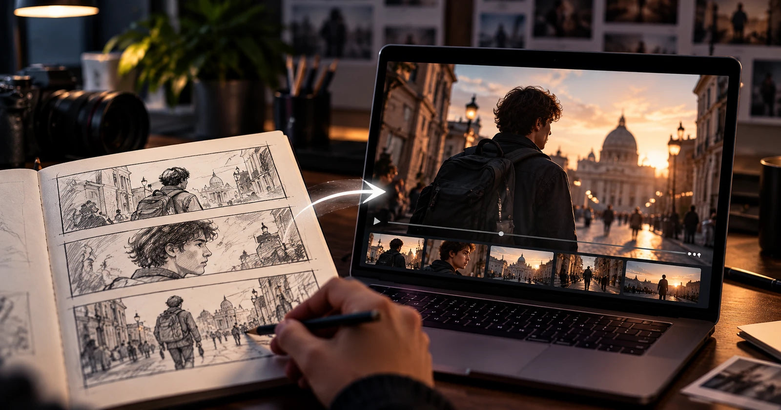 AI-generated editorial scene of a paper storyboard beside a cinematic video on a physical laptop