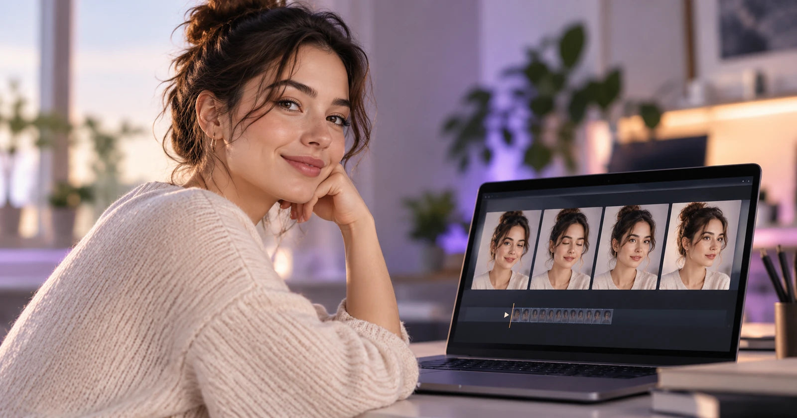 AI-generated editorial portrait in a naturally lit room beside a laptop showing facial-expression video frames