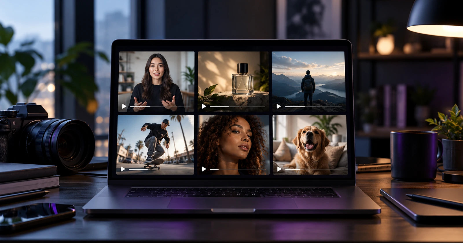 AI-generated editorial scene of cinematic video examples displayed on a physical laptop
