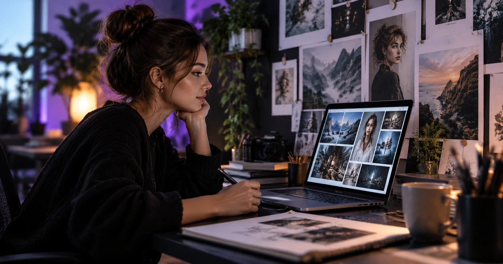 AI-generated editorial scene of an artist developing visual ideas with a physical moodboard and laptop