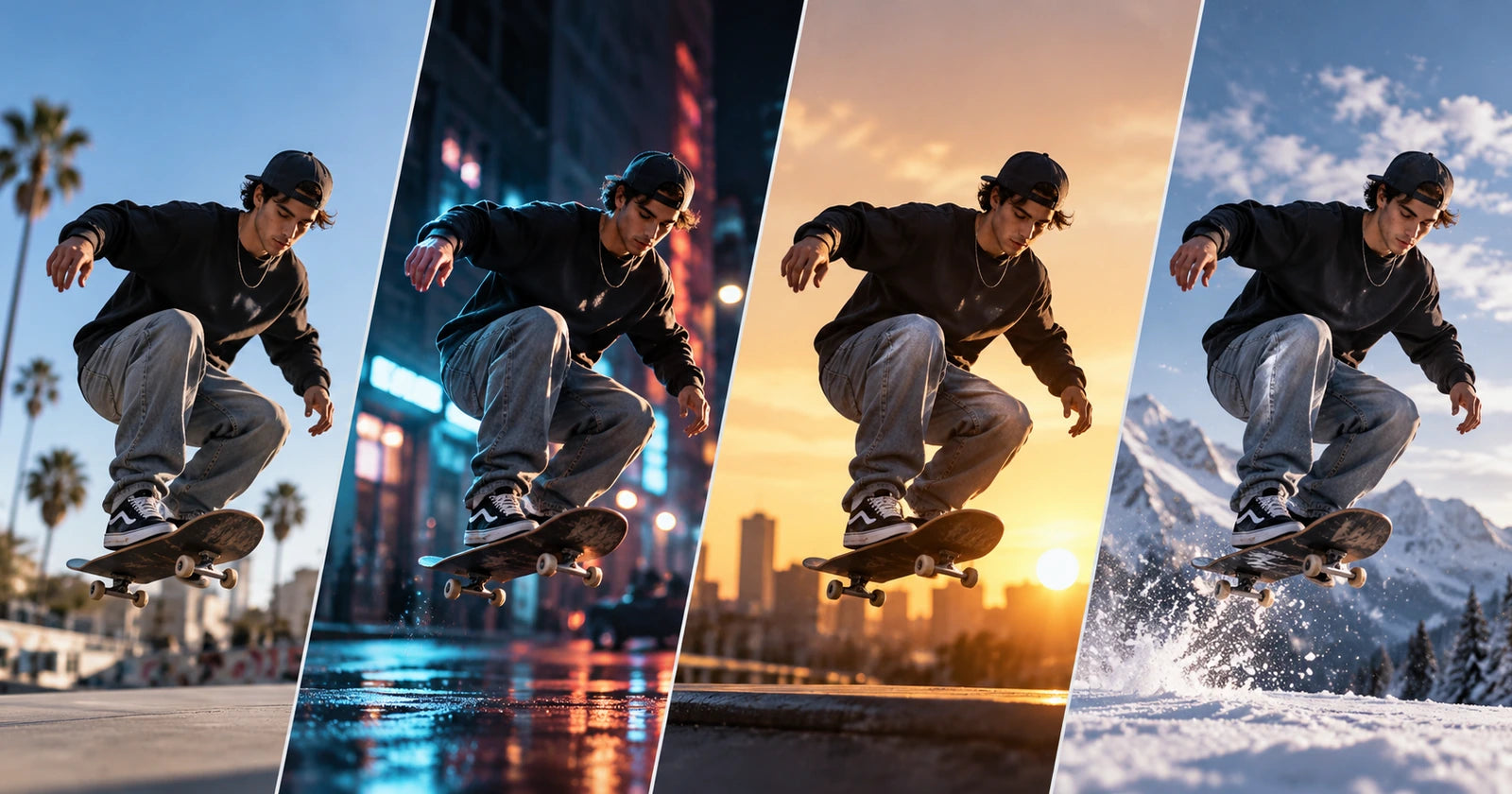 AI-generated editorial comparison of one skateboard action across four cinematic settings