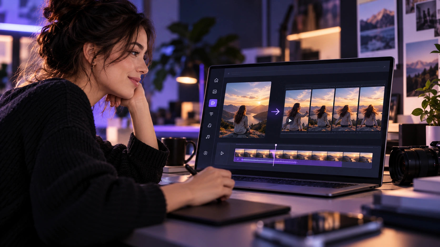 AI-generated editorial scene of a creator animating a landscape photograph on a physical laptop; illustrative artwork, not a product screenshot