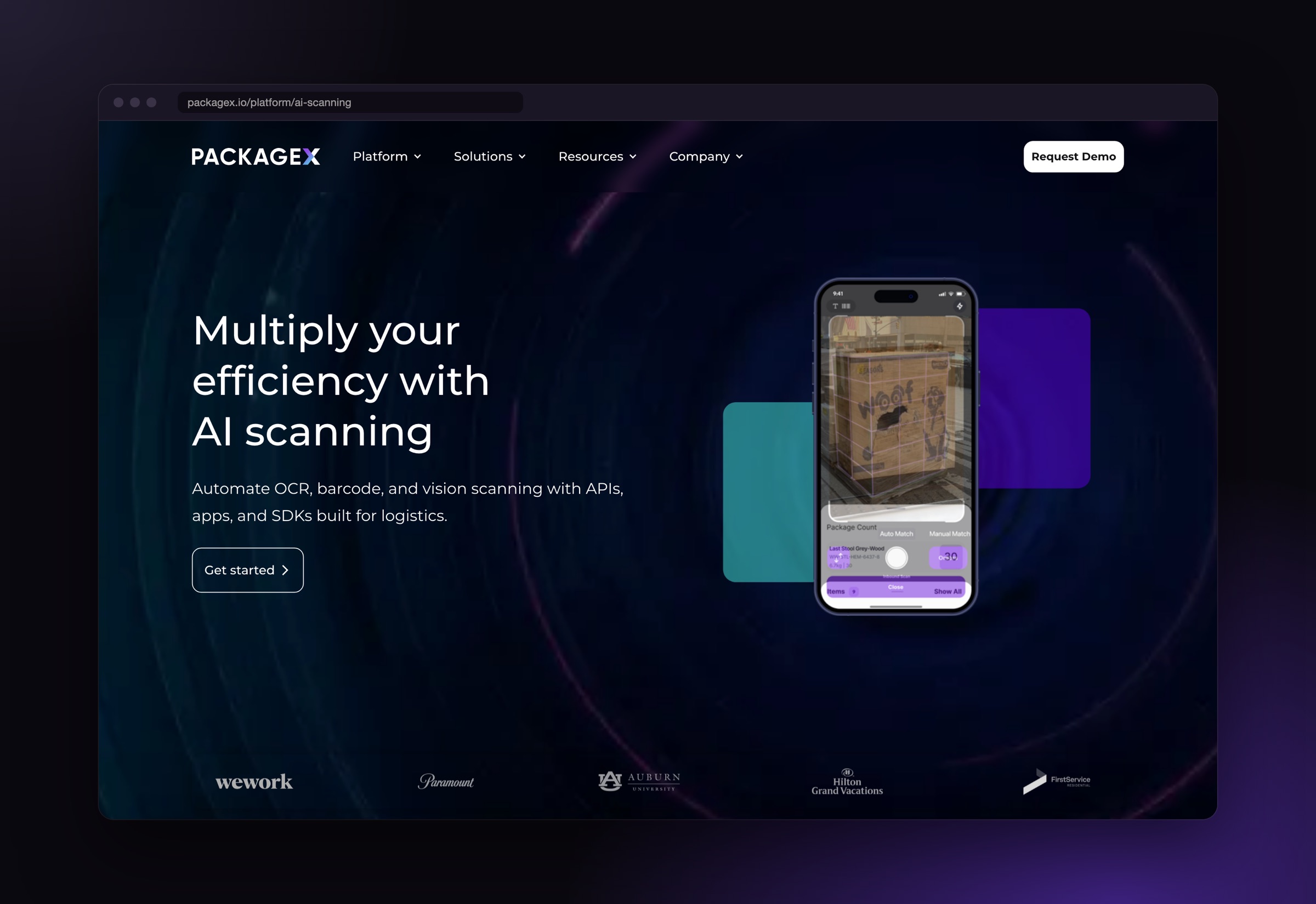 PackageX AI scanning product page on desktop
