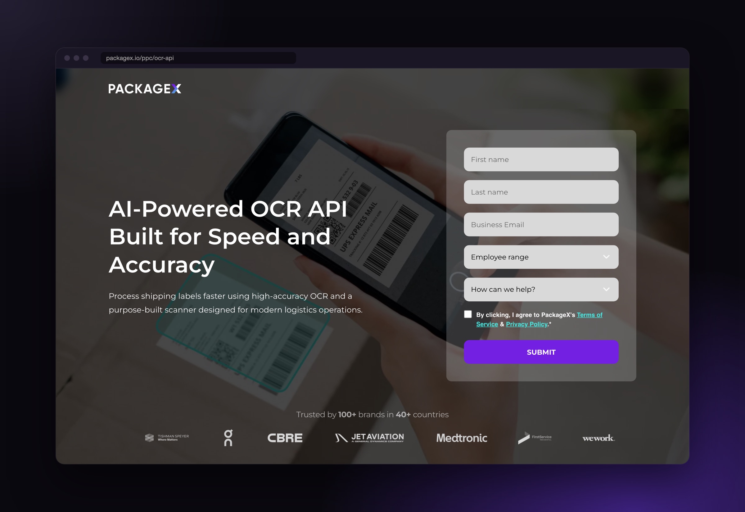 PackageX OCR API paid landing page with demo request form, built in Webflow