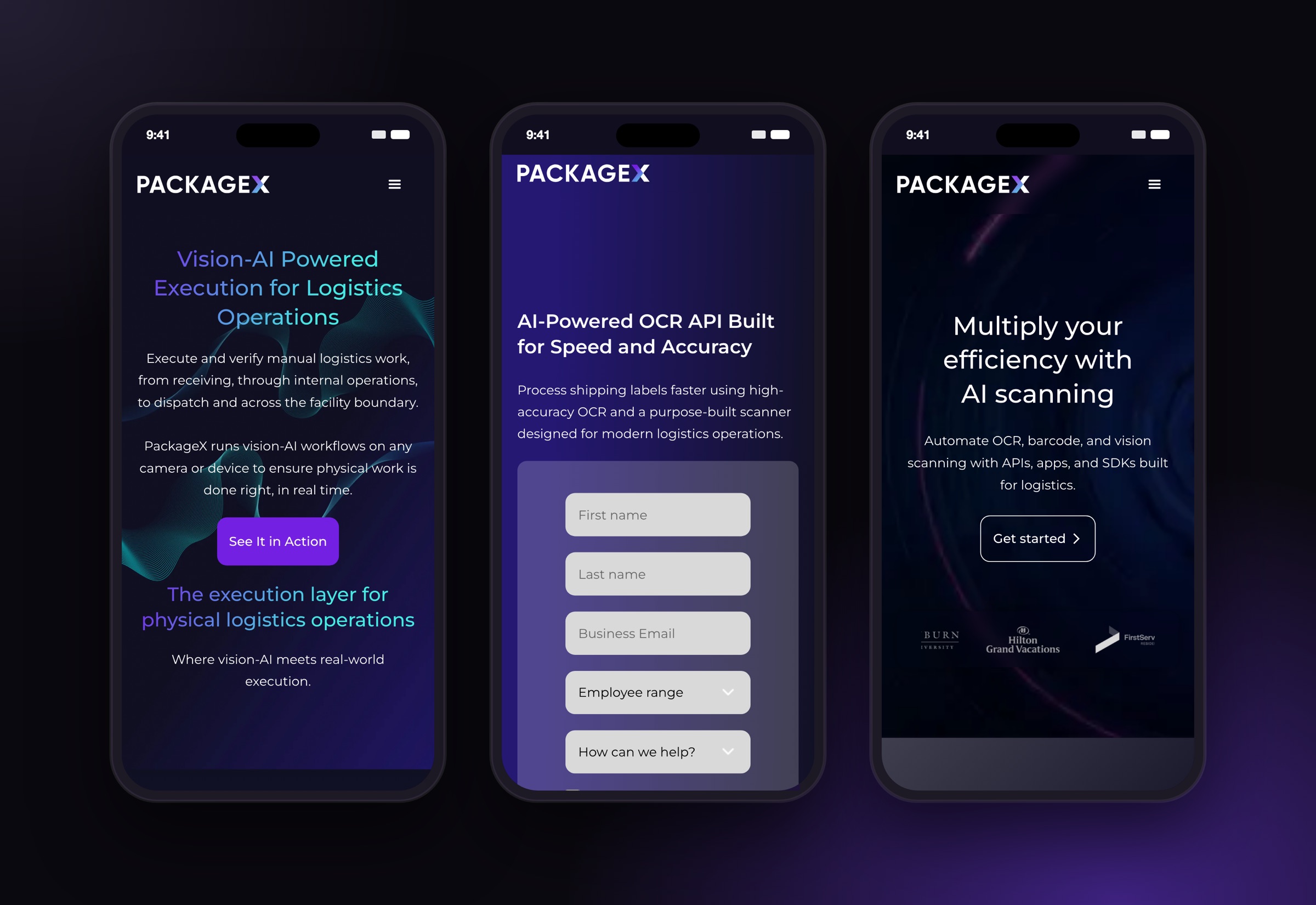 PackageX homepage, paid landing page and AI scanning page on mobile