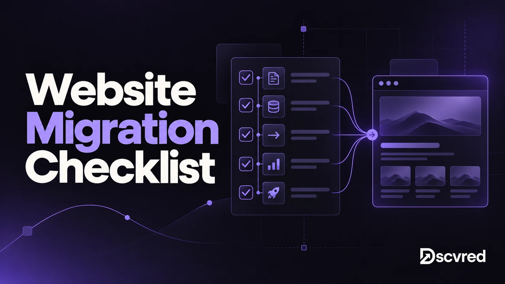 Website Migration Checklist cover showing a checklist of migration steps feeding into a new website