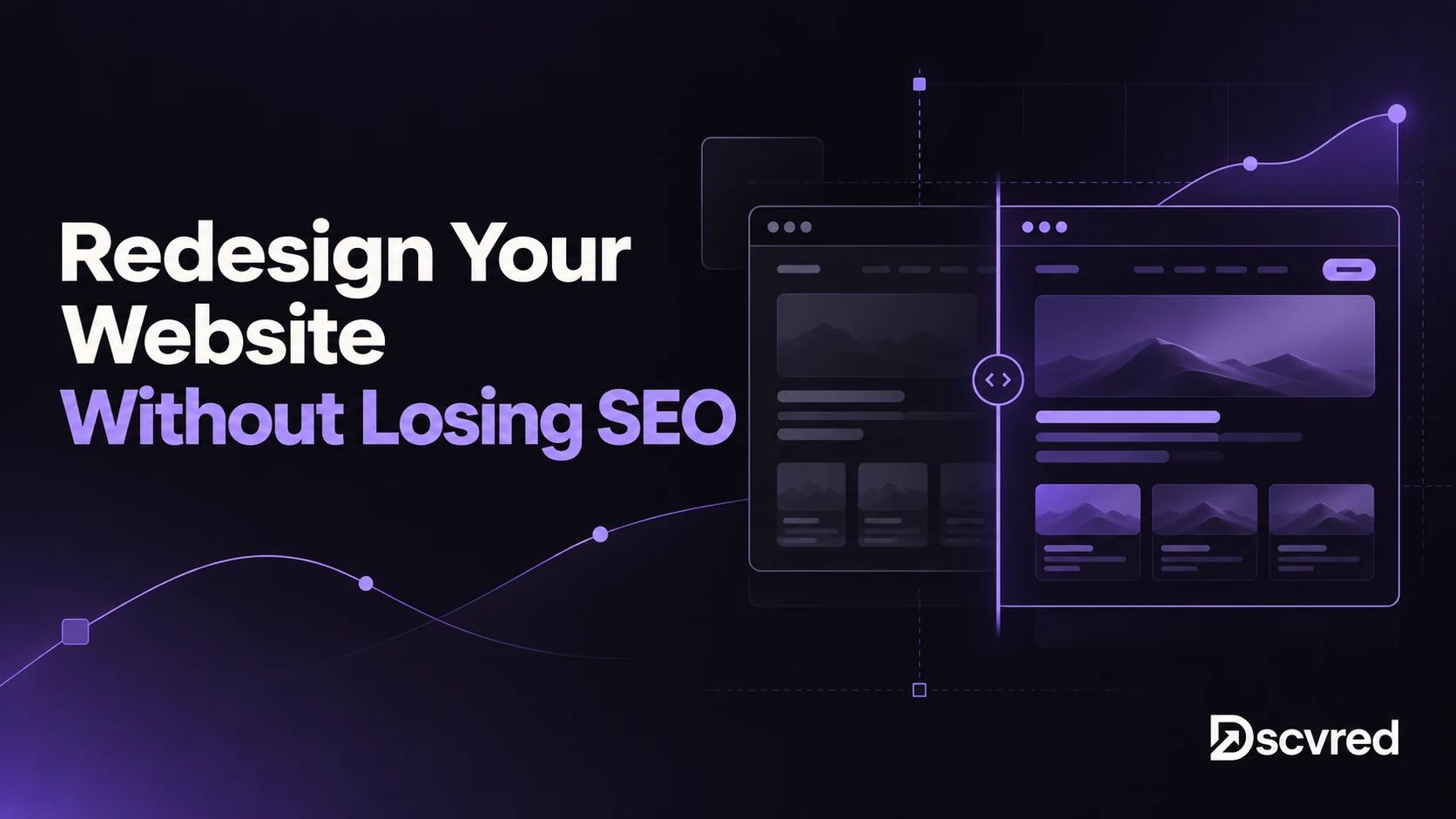 Redesign Your Website Without Losing SEO cover showing an old site layout beside its redesigned version with a rising traffic line