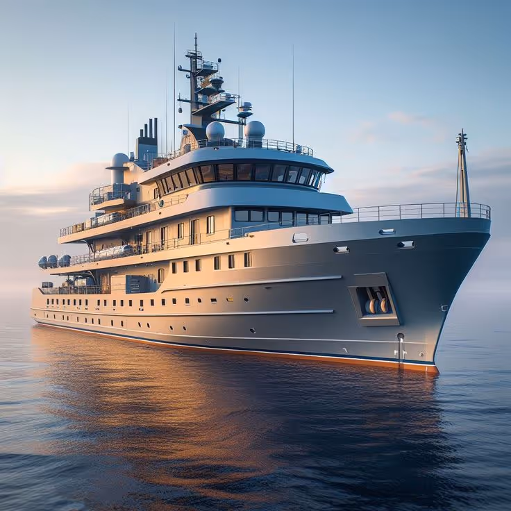 Large luxury yacht anchored on calm water during sunset with a clear sky.