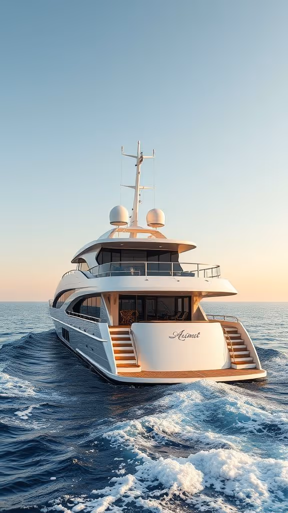 Rear view of a white luxury yacht named Azimut cruising on calm ocean water during sunset.