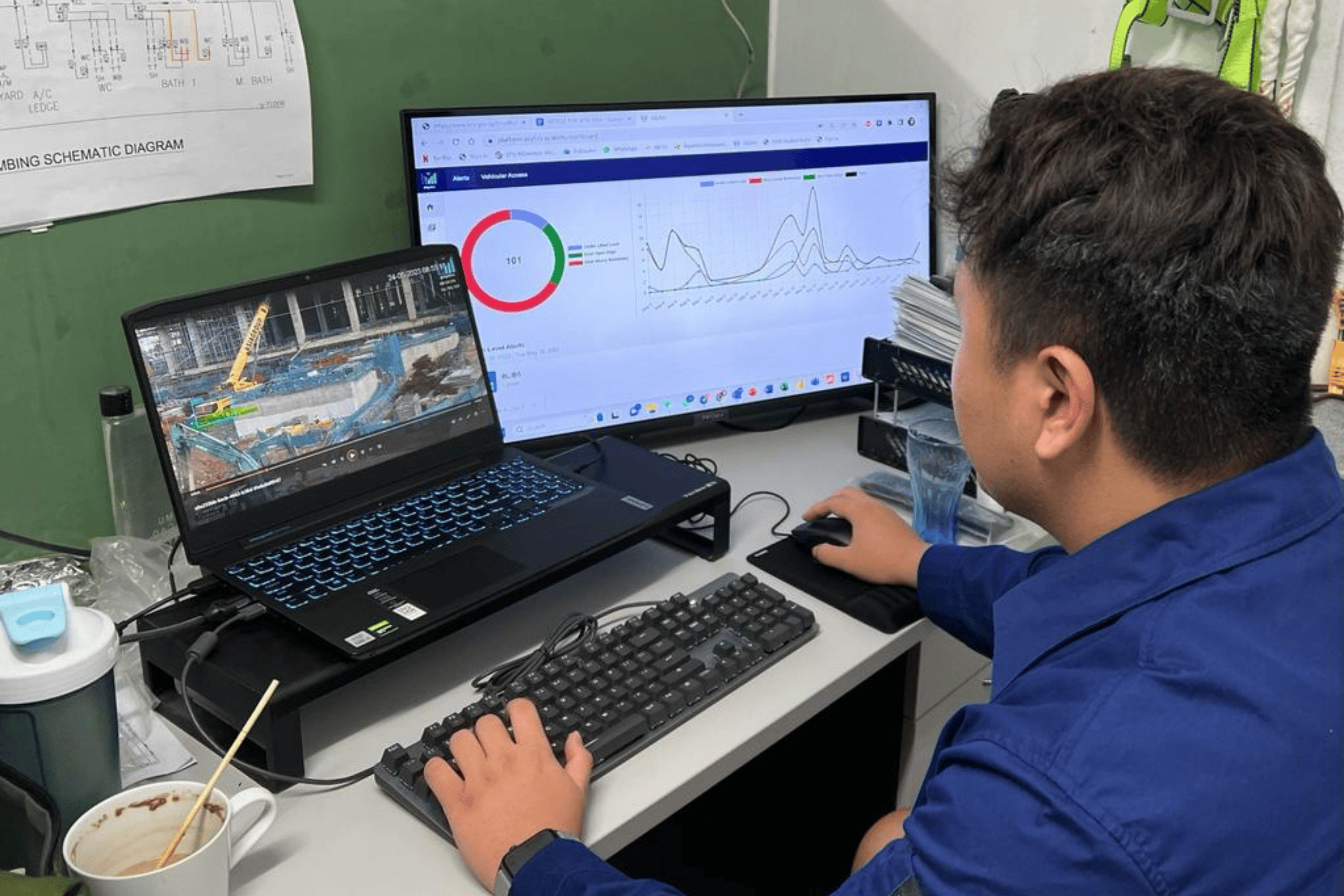 Man sitting at a desk looking at a laptop screen and monitor