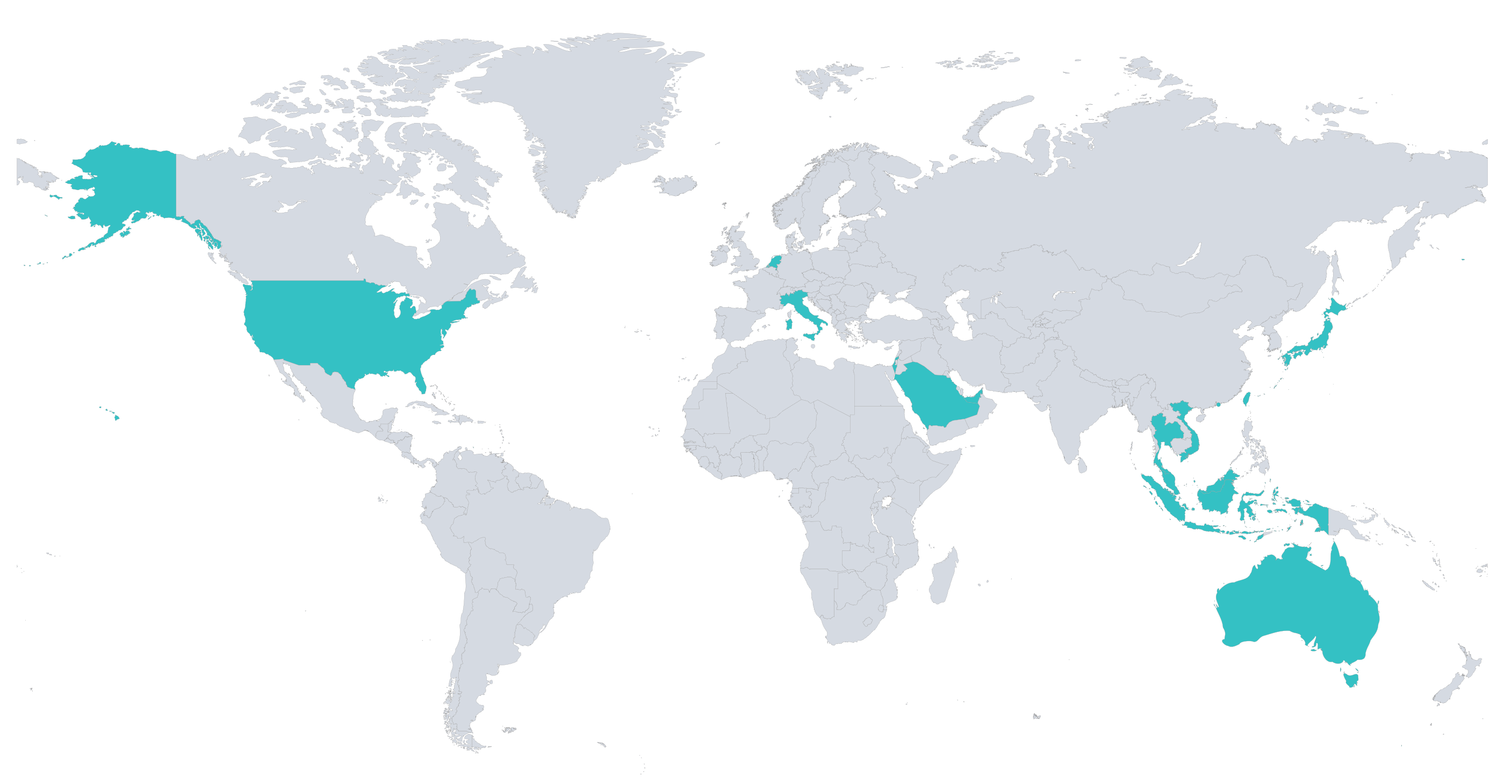 World map highlighting in teal the countries: United States, Italy, Saudi Arabia, Japan, Thailand, Malaysia, Indonesia, Papua New Guinea, and Australia.