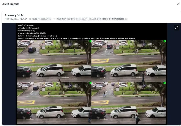 AI-assisted incident review showing video frames, analysis results and detected anomalies.