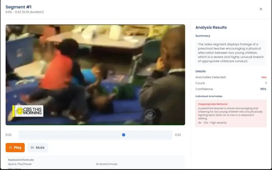 ChildSafe Vision incident review showing rough-handling analysis and operator controls.