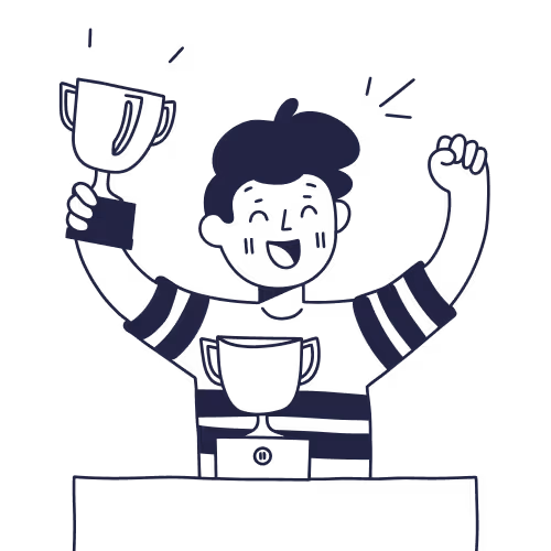 A drawing of a person holding up a trophy.