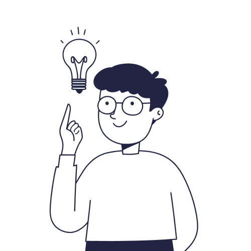 A black and white drawing of a man holding a light bulb.