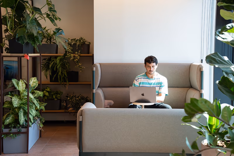 Man in striped shirt working on a laptop in a plant-filled modern workspace with gray seating.
