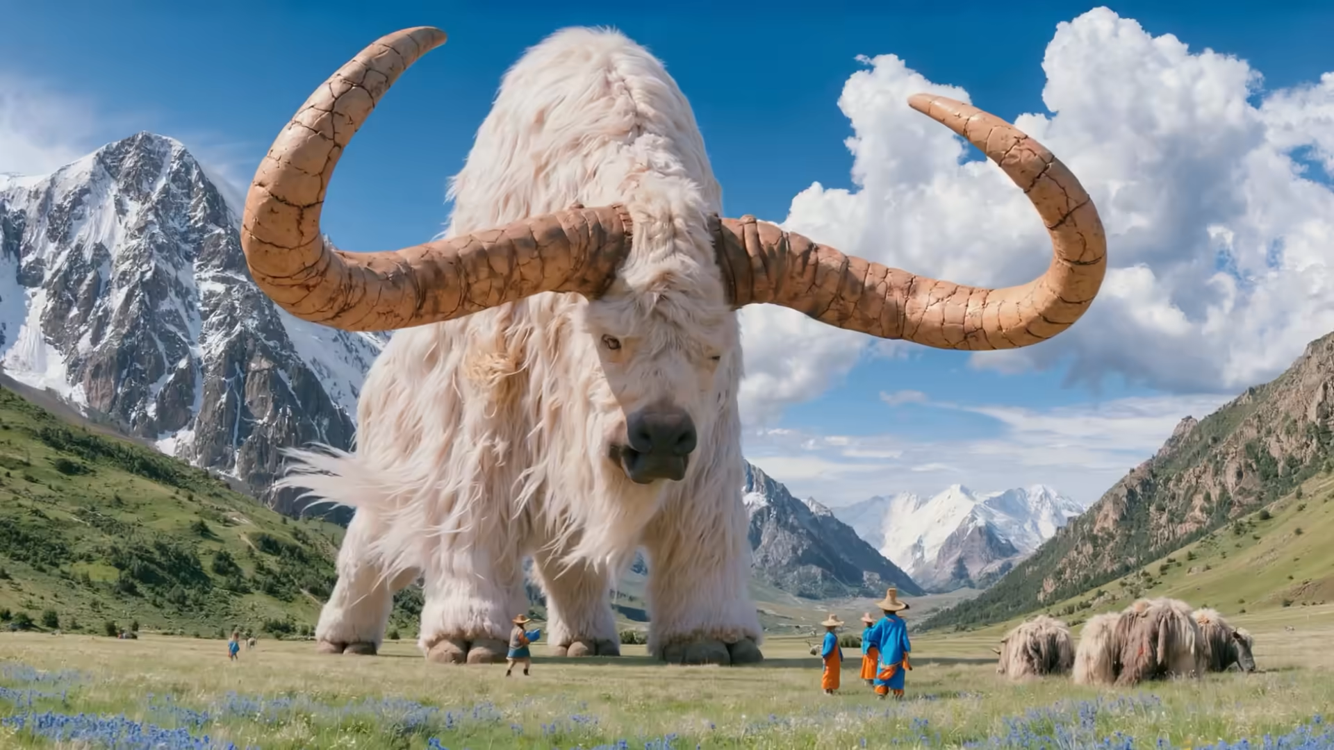 Giant fluffy white yak with huge curved horns in a mountain valley with people and smaller yaks nearby.