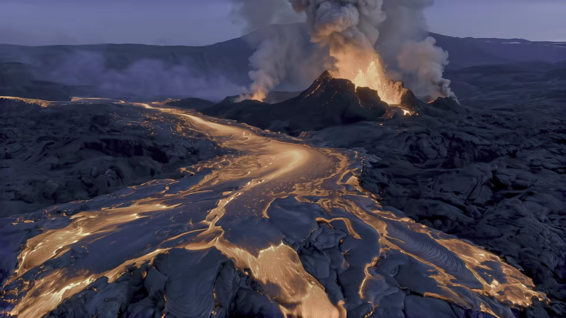 Volcano erupting with lava flowing down dark rocky terrain under a dusky sky.