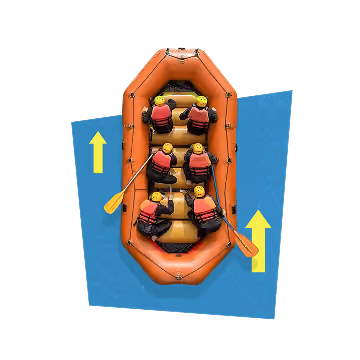 Top-down view of six people in orange life jackets paddling an inflatable raft with yellow arrows indicating forward movement.