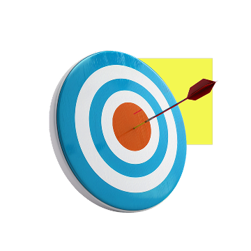 Round archery target with blue and white rings and an orange bullseye, hit dead center by a red arrow.