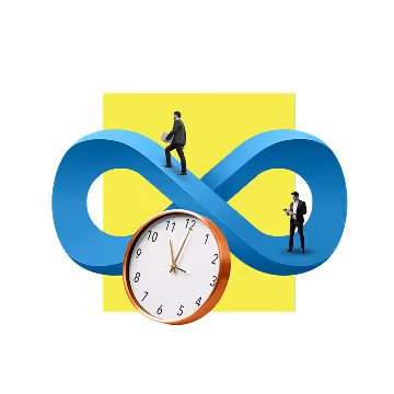 Two businesspeople walking on a blue infinity loop with a clock showing 11:55 in front against a yellow square background.