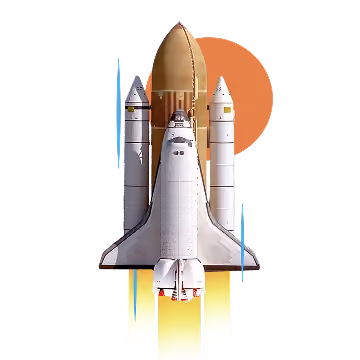 Space shuttle launching with bright yellow flames and a reddish-orange planet in the background.