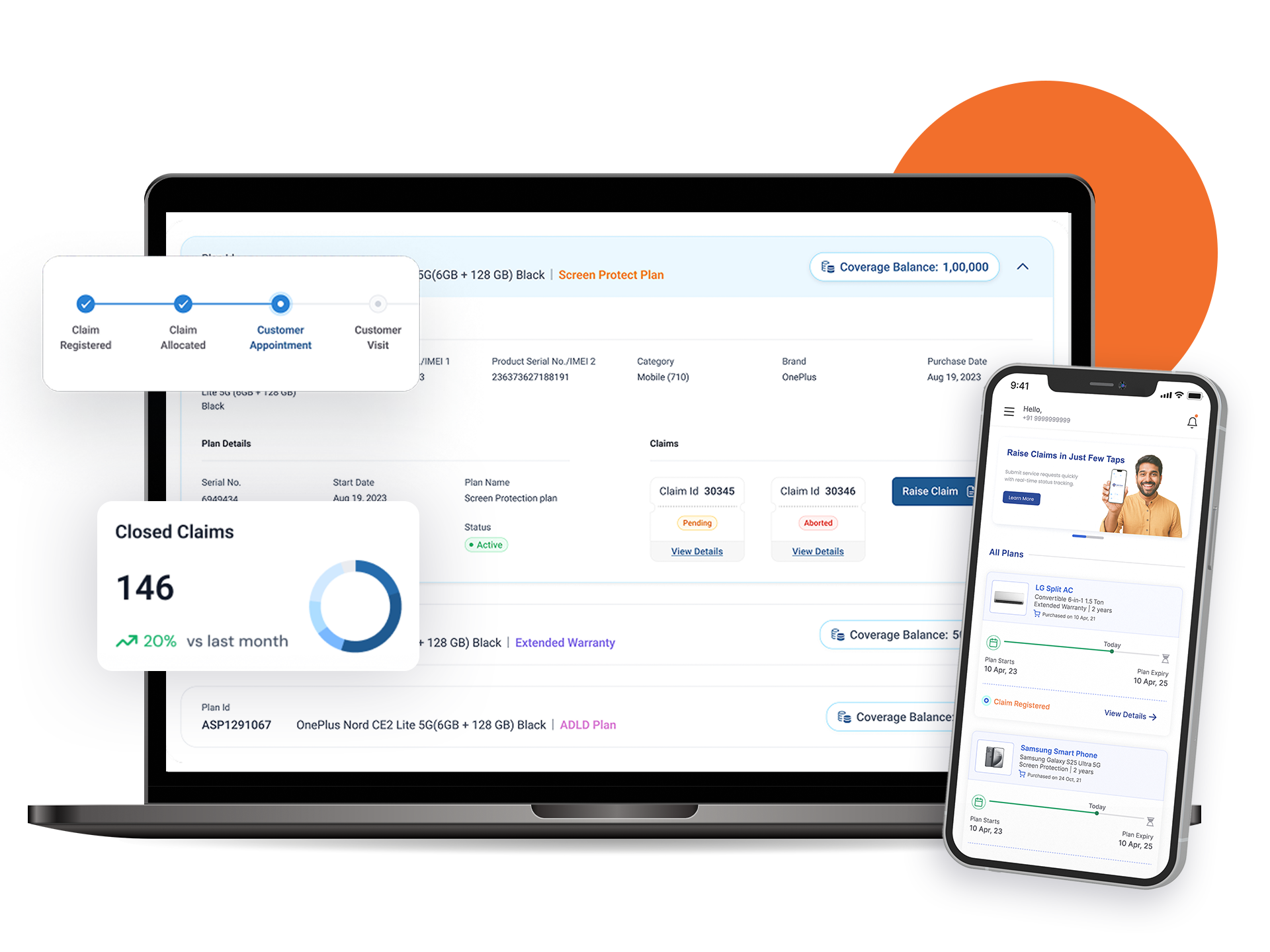 Laptop and smartphone screens displaying a consumer durables service platform with claim tracking, plan details, and status updates.