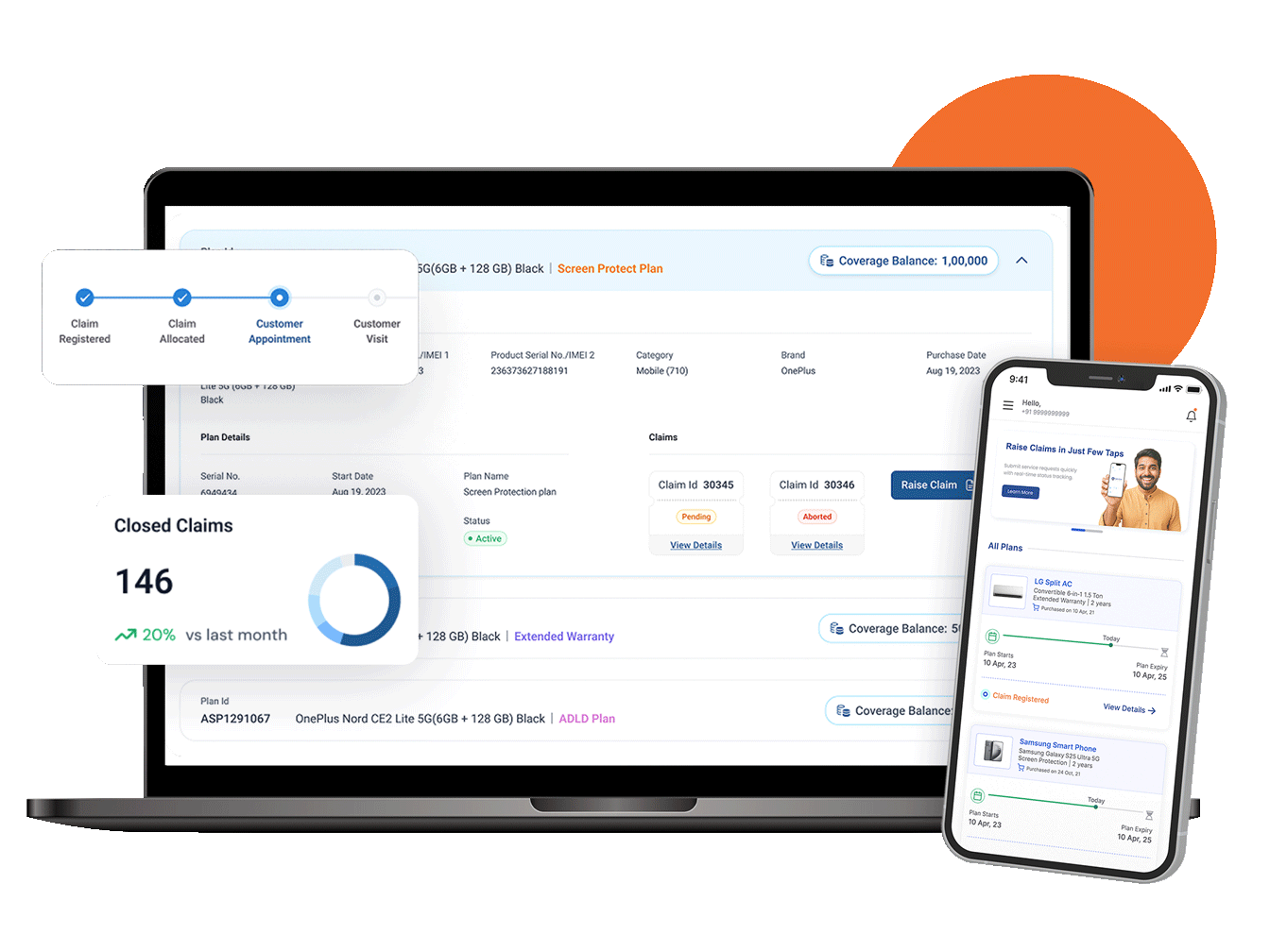 Laptop and smartphone screens displaying a consumer durables service platform with claim tracking, plan details, and status updates.