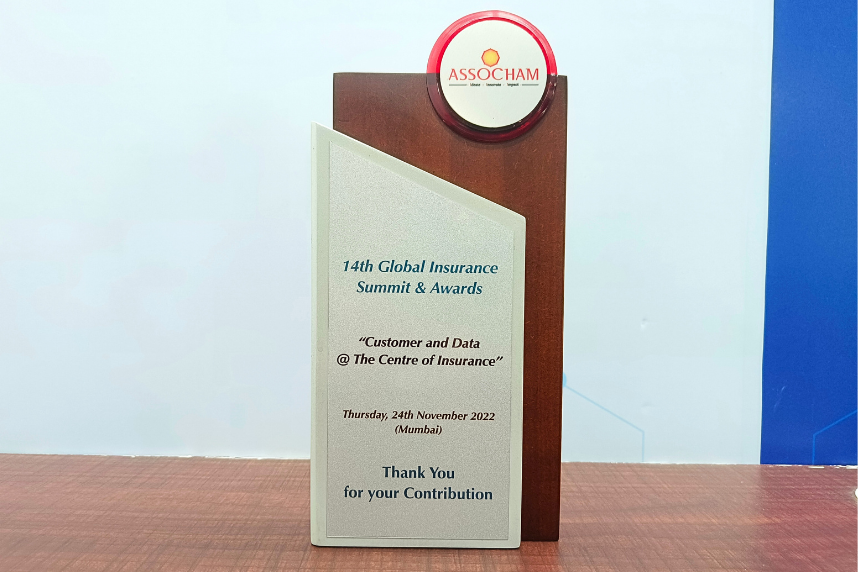 Award plaque for the 14th Global Insurance Summit & Awards with the theme 'Customer and Data @ The Centre of Insurance', dated Thursday, 24th November 2022 in Mumbai, presented by ASSOCHAM.