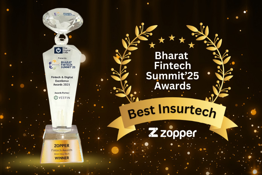 Bharat Fintech Summit 2025 award trophy for Best Insurtech winner presented to Zopper with golden laurel wreath and stars on a dark background.