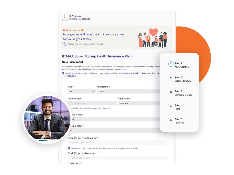 IIT Madras Alumni Association Super Top-up Health Insurance Plan online enrollment form with steps sidebar and a circular portrait of a smiling man in a suit.