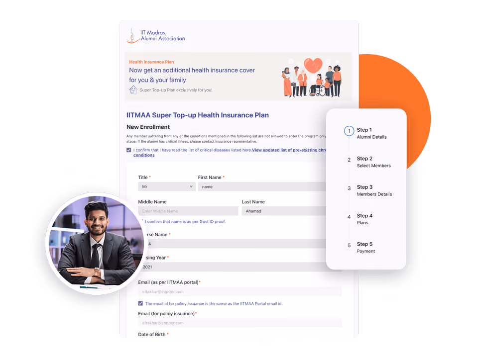 IIT Madras Alumni Association Super Top-up Health Insurance Plan online enrollment form with steps sidebar and a circular portrait of a smiling man in a suit.
