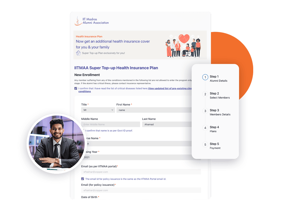 IIT Madras Alumni Association Super Top-up Health Insurance Plan online enrollment form with steps sidebar and a circular portrait of a smiling man in a suit.