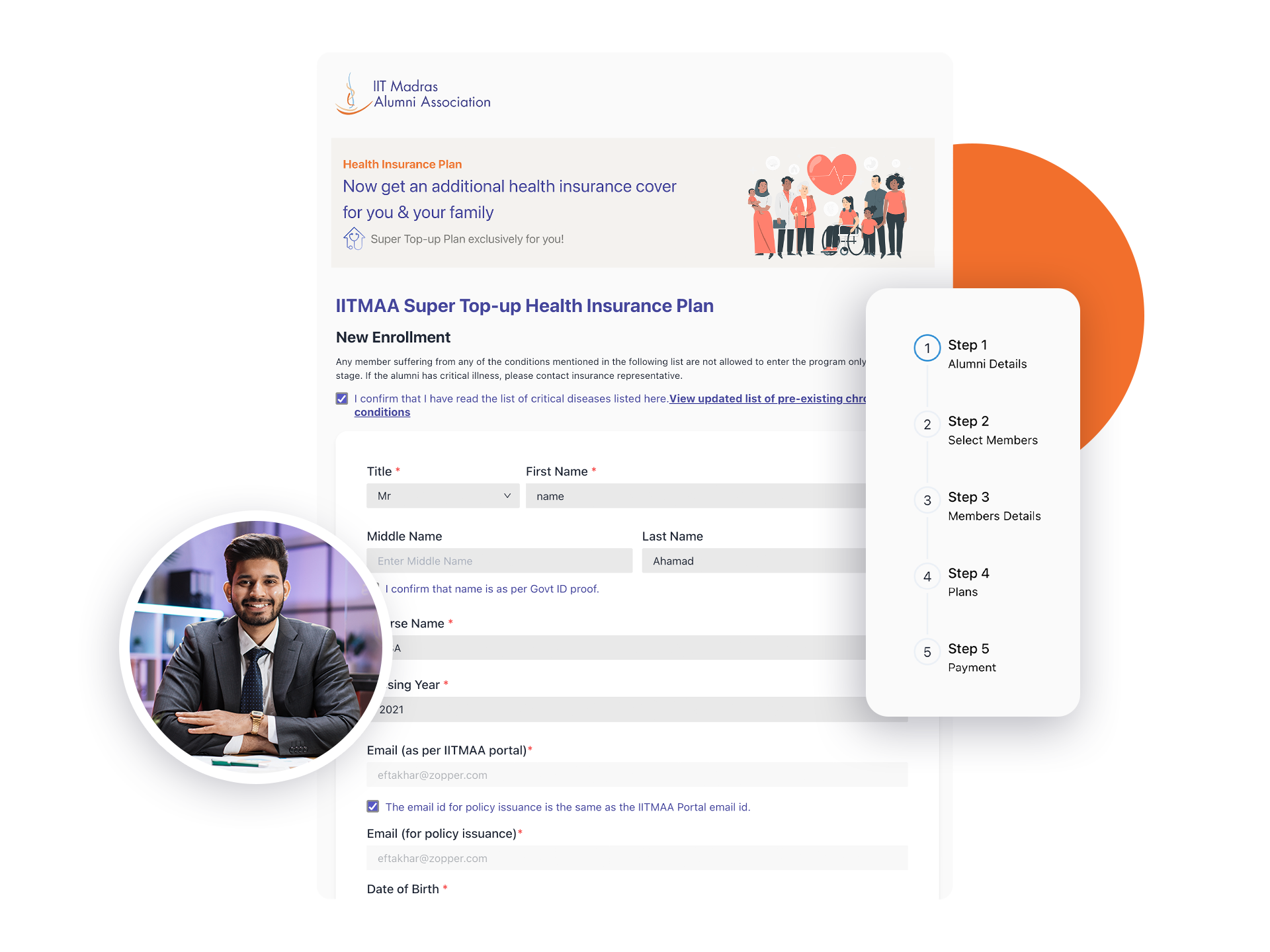 IIT Madras Alumni Association Super Top-up Health Insurance Plan online enrollment form with steps sidebar and a circular portrait of a smiling man in a suit.