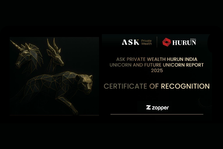 ASK Private Wealth and Hurun India certificate of recognition for the 2025 Unicorn and Future Unicorn Report with geometric gold outlines of a unicorn, dragon, and leopard on a black background.