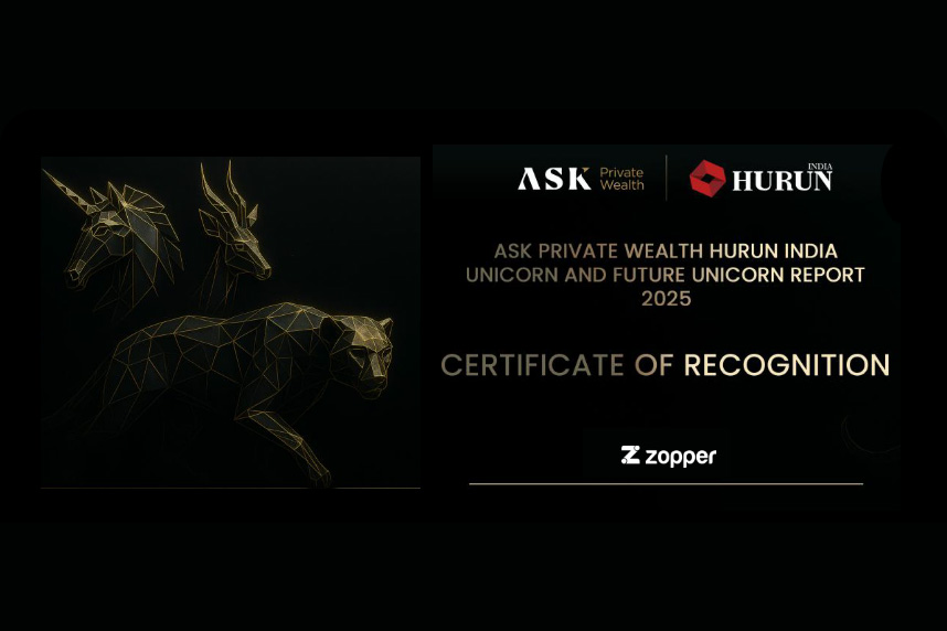 ASK Private Wealth and Hurun India certificate of recognition for the 2025 Unicorn and Future Unicorn Report with geometric gold outlines of a unicorn, dragon, and leopard on a black background.