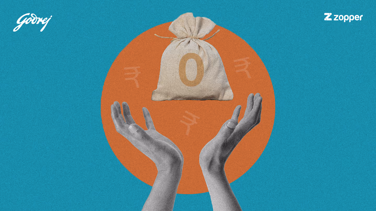 Two hands reaching up toward a tied money bag marked with zero against an orange circle background with rupee symbols, logos of Godrej and Zopper in corners.