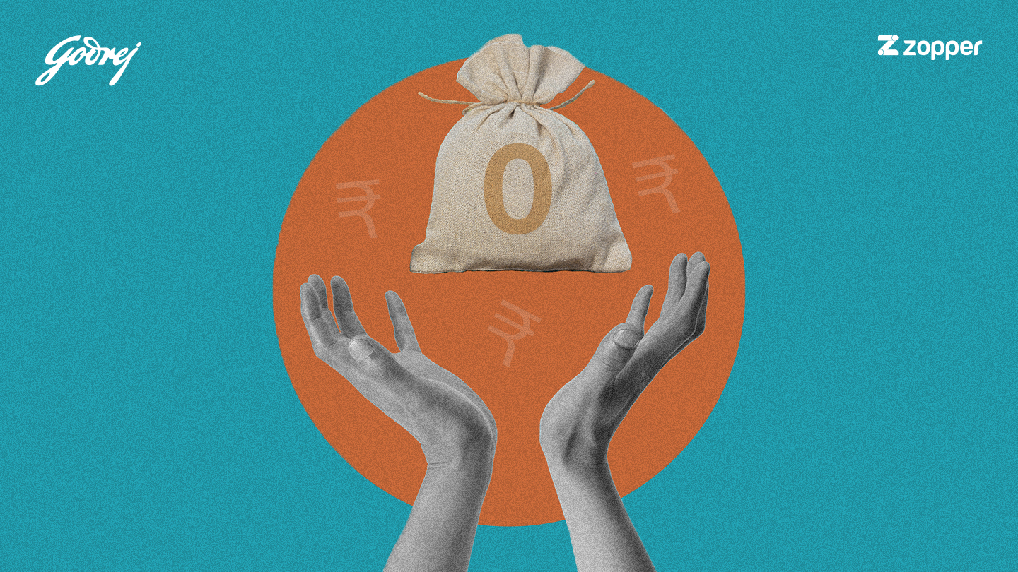 Two hands reaching up toward a tied money bag marked with zero against an orange circle background with rupee symbols, logos of Godrej and Zopper in corners.