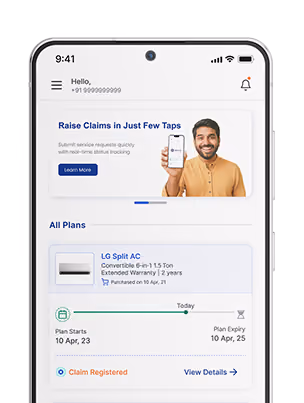 Mobile screen showing an app with a greeting, option to raise claims, details of LG Split AC plan from April 10, 2023 to April 10, 2025, and a registered claim notification.
