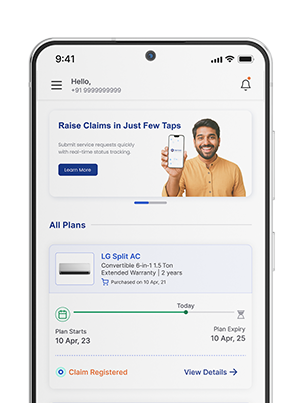 Mobile screen showing an app with a greeting, option to raise claims, details of LG Split AC plan from April 10, 2023 to April 10, 2025, and a registered claim notification.