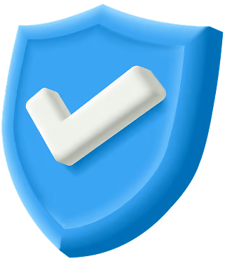 3D blue shield with a white check mark symbolizing security or protection.
