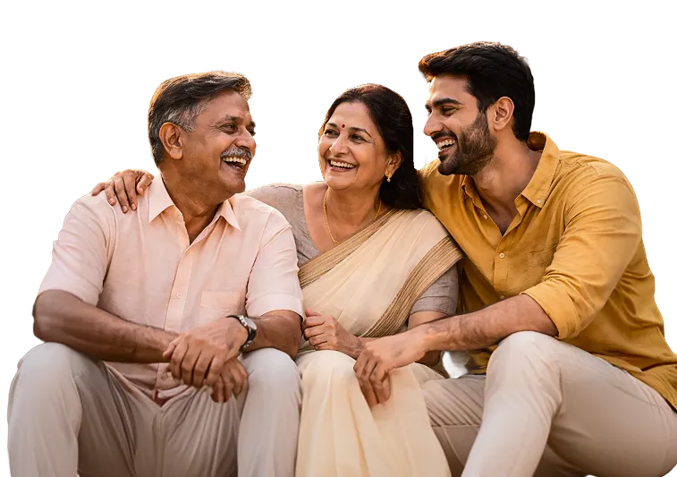 Smiling elderly couple and young man sitting close together, sharing a joyful moment.